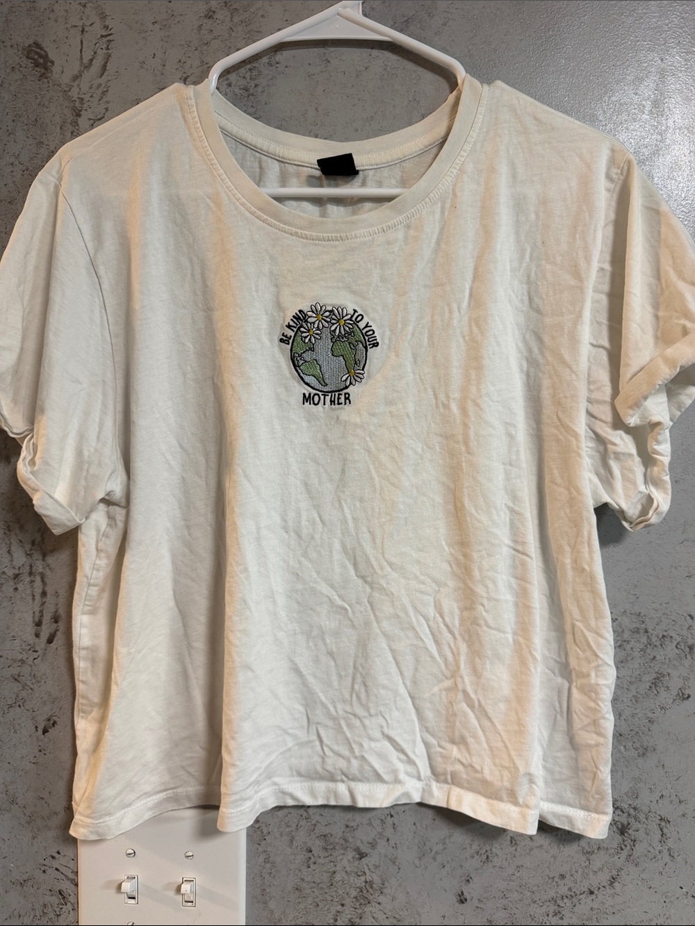 White Graphic crop Tee with Earth & Daisy Embroidery